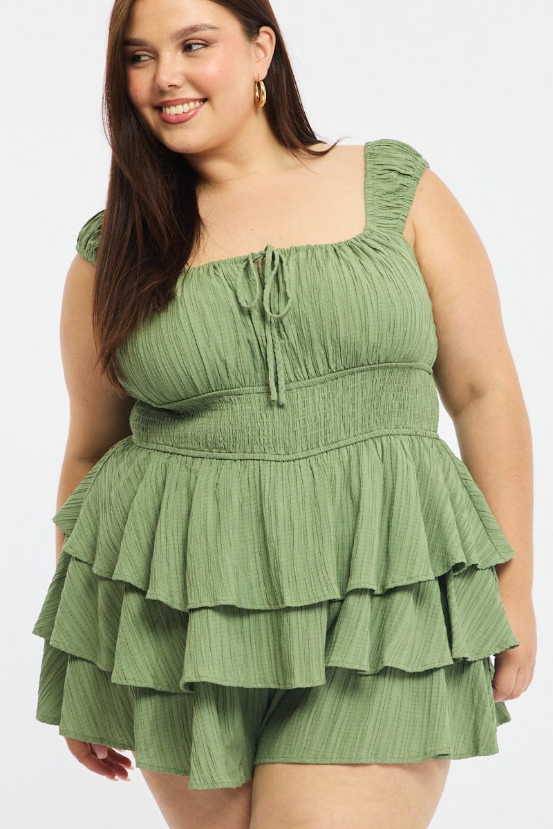 Green Playsuit Short Sleeve Ruffled for YouandAll Fashion