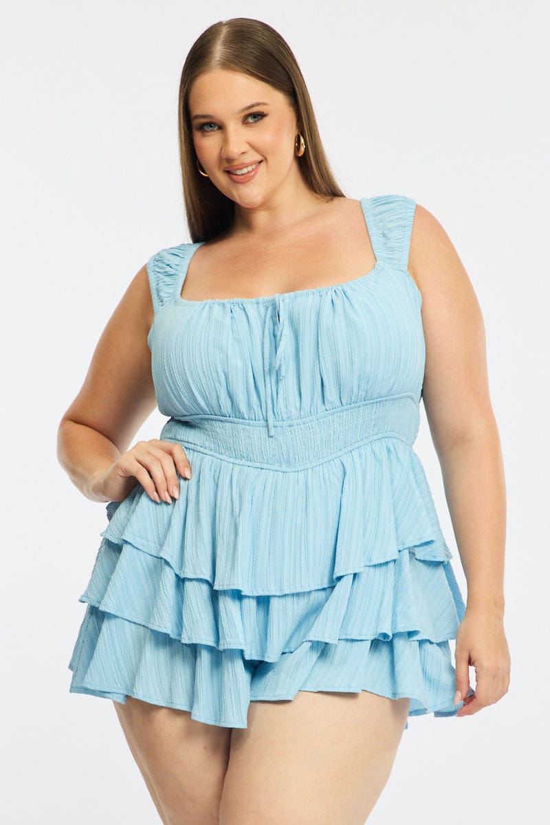 Blue Playsuit Short Sleeve Ruffled for YouandAll Fashion