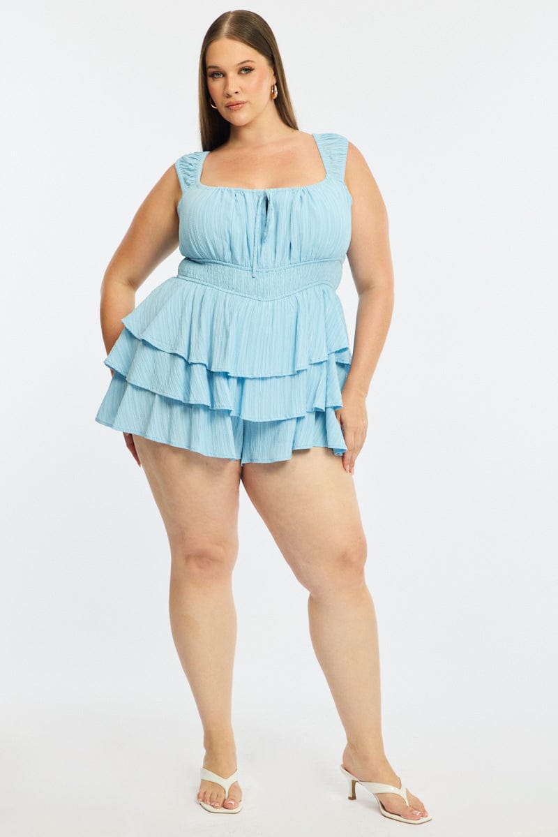 Blue Playsuit Short Sleeve Ruffled for YouandAll Fashion