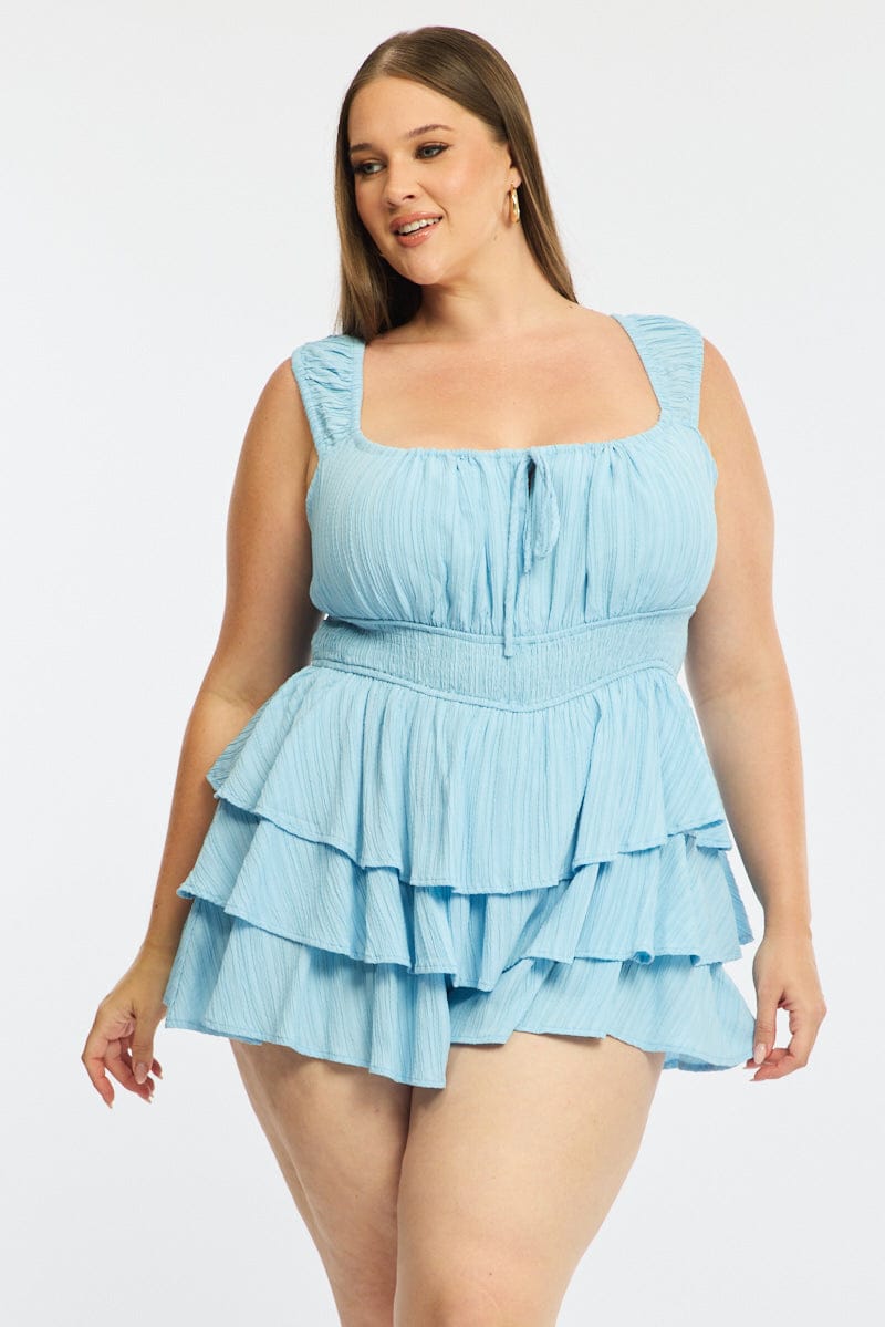 Blue Playsuit Short Sleeve Ruffled for YouandAll Fashion