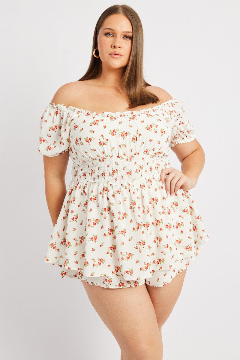 White Ditsy Shirred Playsuit Short Sleeve for YouandAll Fashion