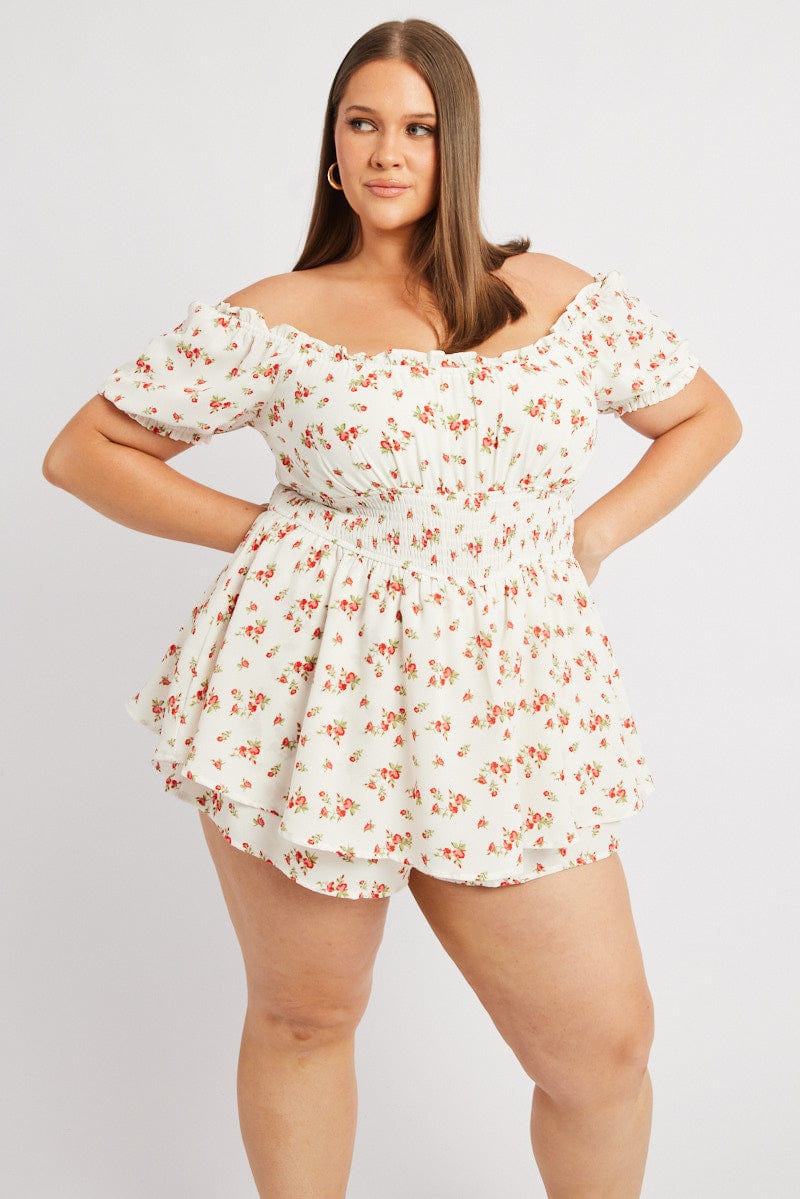 White Ditsy Shirred Playsuit Short Sleeve for YouandAll Fashion