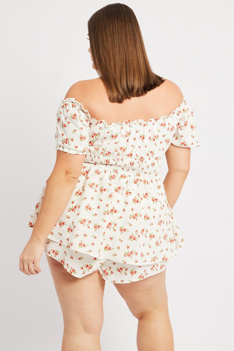 White Ditsy Shirred Playsuit Short Sleeve for YouandAll Fashion