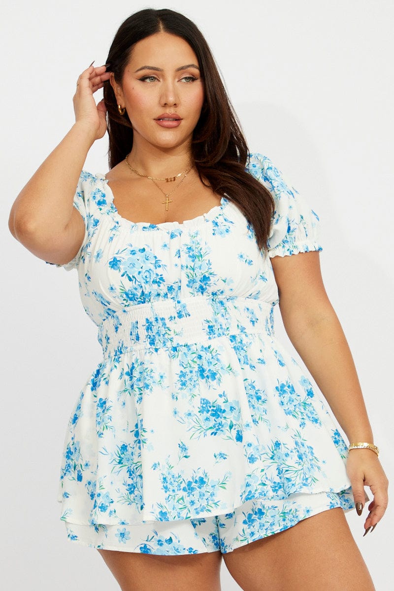 Blue Floral Ruched Playsuit Short Sleeve for YouandAll Fashion