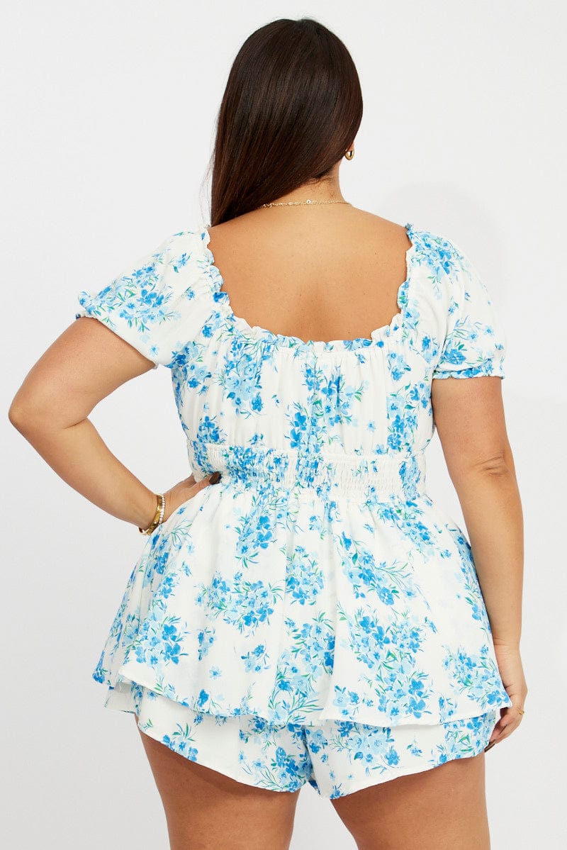 Blue Floral Ruched Playsuit Short Sleeve for YouandAll Fashion