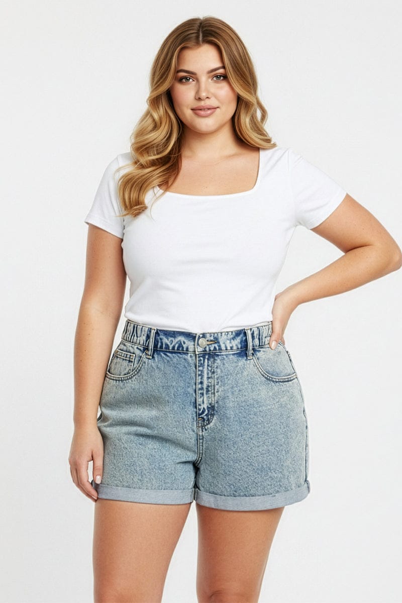 Denim Relaxed Shorts Mid Rise Elastic Waist for YouandAll Fashion