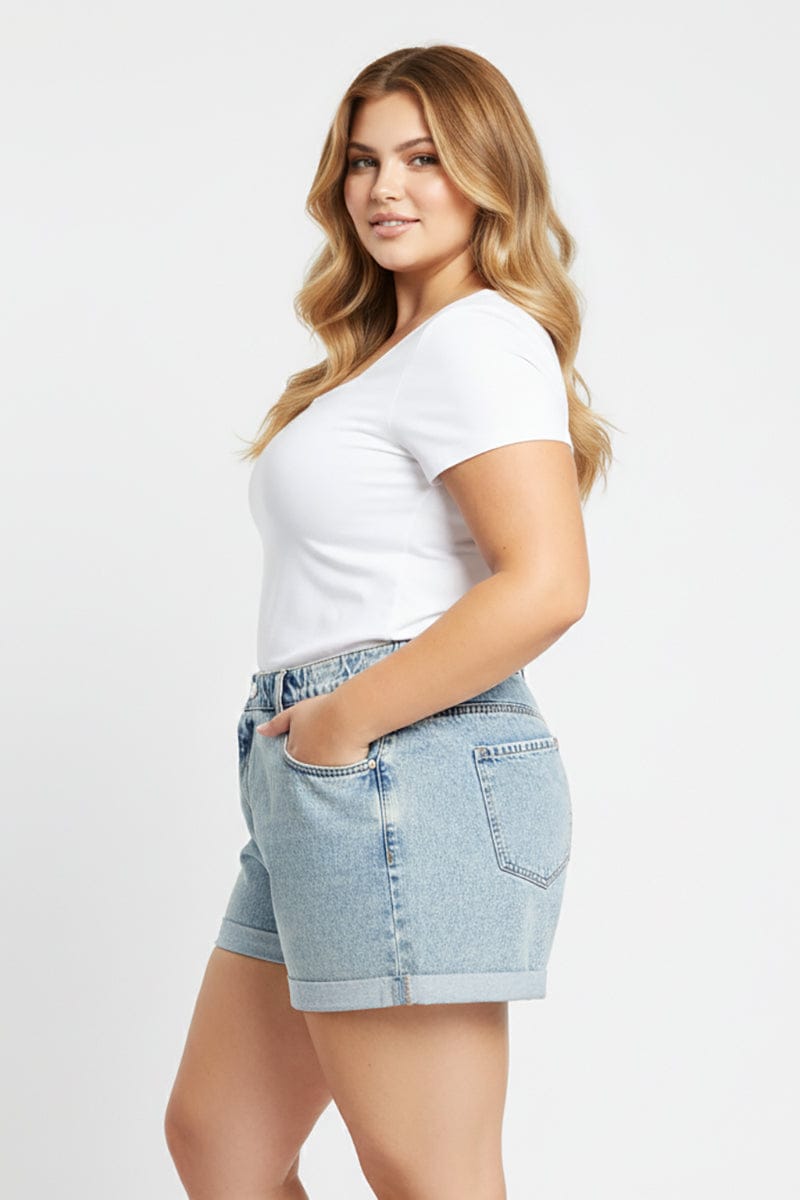 Denim Relaxed Shorts Mid Rise Elastic Waist for YouandAll Fashion
