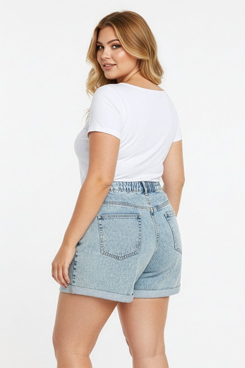 Denim Relaxed Shorts Mid Rise Elastic Waist for YouandAll Fashion