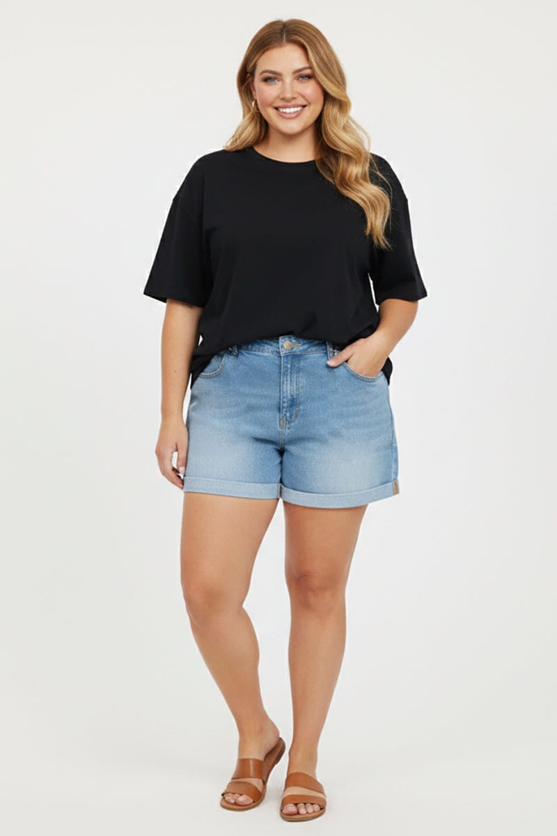 Denim Relaxed Shorts Mid Rise Elastic Waist for YouandAll Fashion