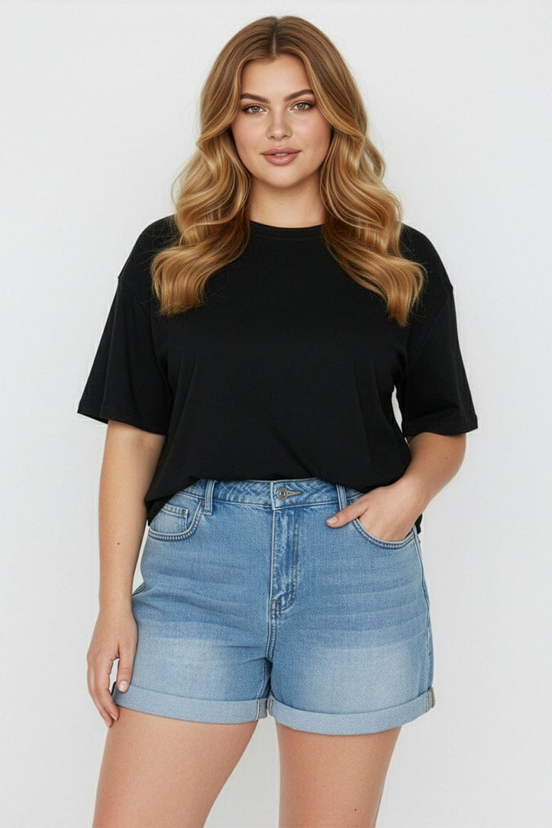 Denim Relaxed Shorts Mid Rise Elastic Waist for YouandAll Fashion