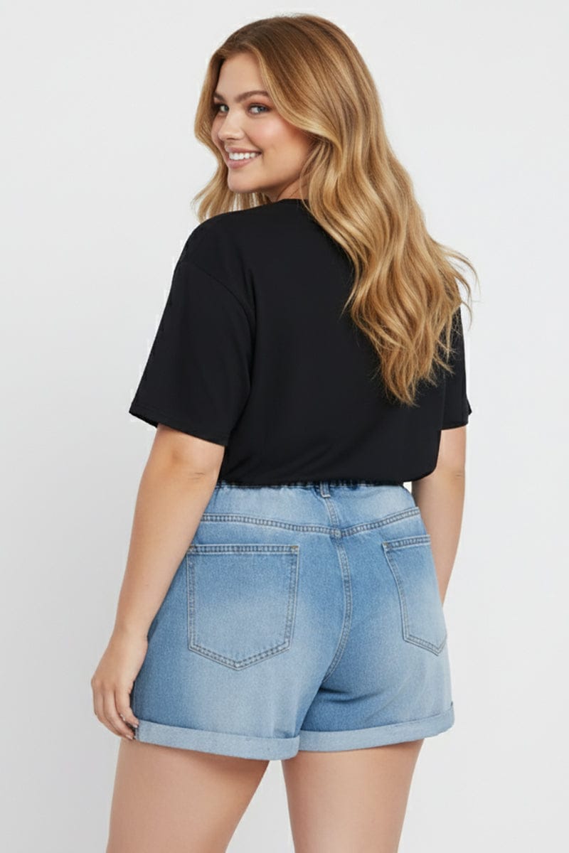 Denim Relaxed Shorts Mid Rise Elastic Waist for YouandAll Fashion