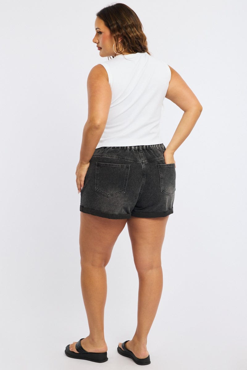 Denim Relaxed Shorts Mid Rise Elastic Waist for YouandAll Fashion
