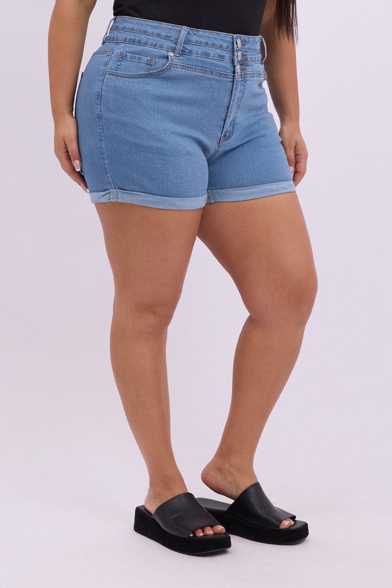 Denim Skinny Shorts High Rise Buttons You All - Main Image