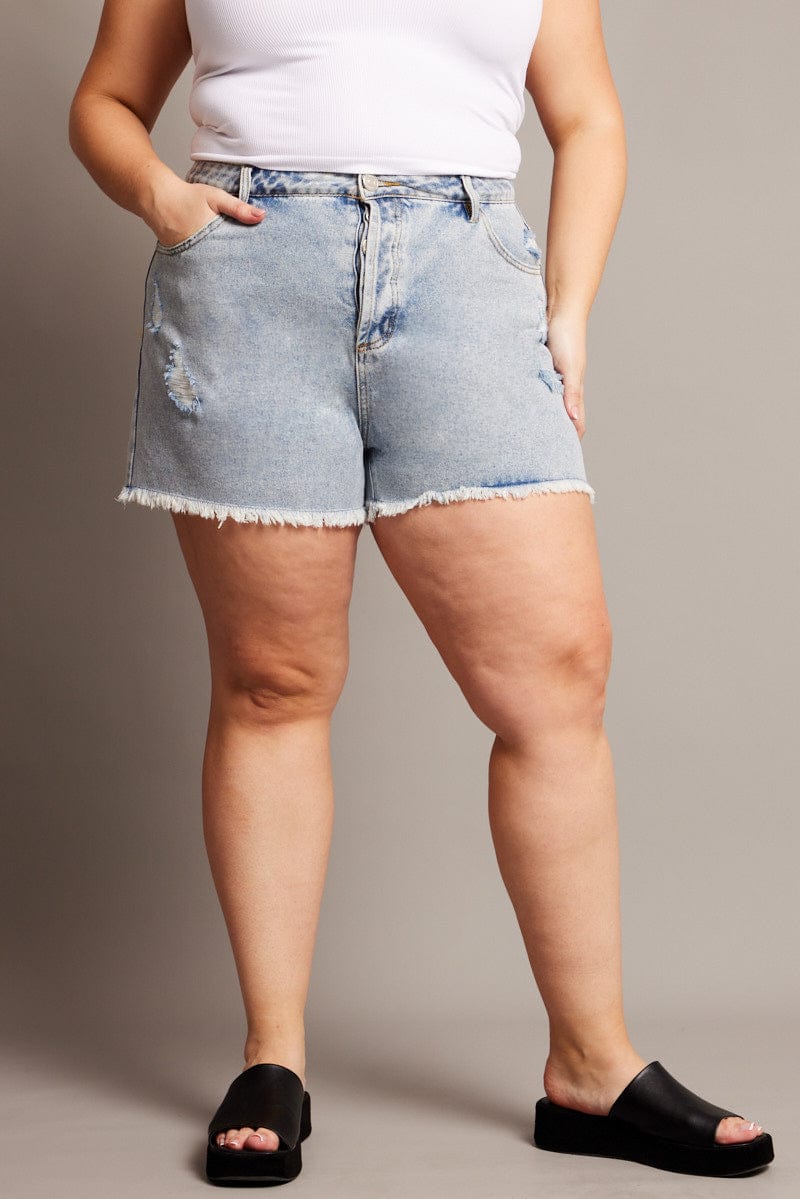 Denim Relaxed Shorts High Rise Distressed Hem for YouandAll Fashion