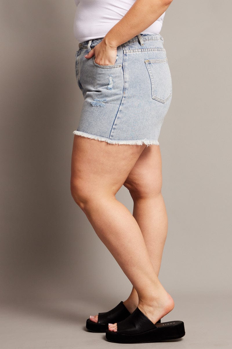 Denim Relaxed Shorts High Rise Distressed Hem for YouandAll Fashion