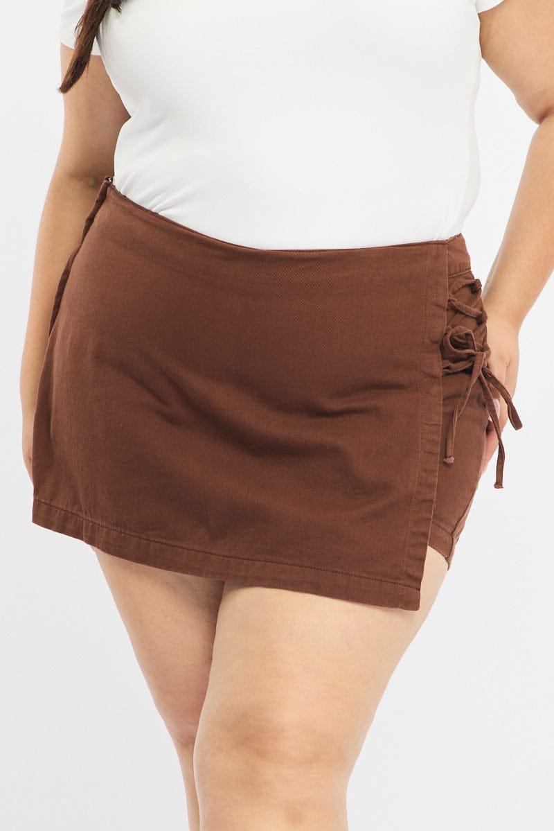 Brown Skorts Lace Up High Rise for YouandAll Fashion