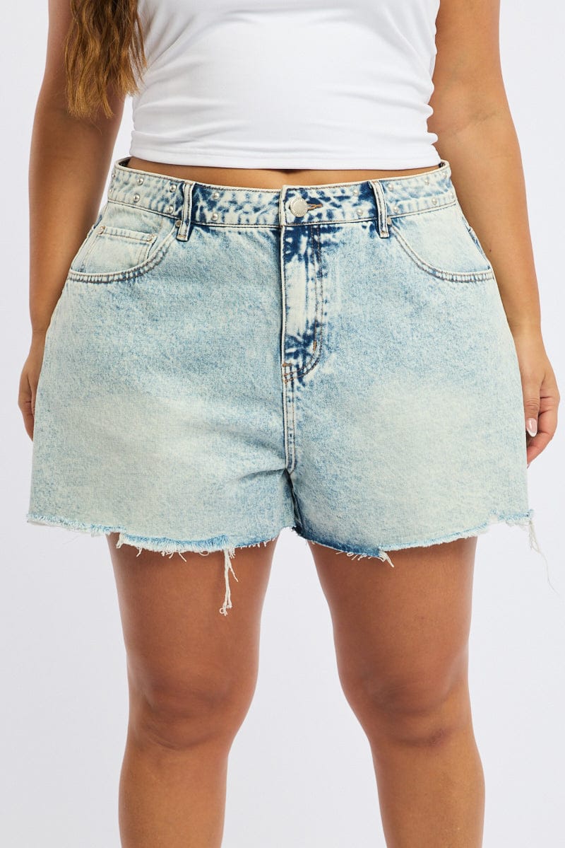 Denim Relaxed Shorts Mid Rise Stud Detail for YouandAll Fashion