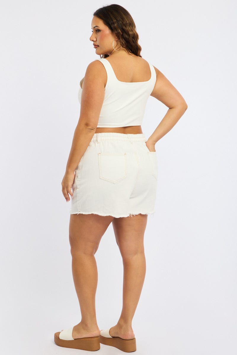 White Relaxed Shorts Mid Rise Back Elastic Waist for YouandAll Fashion