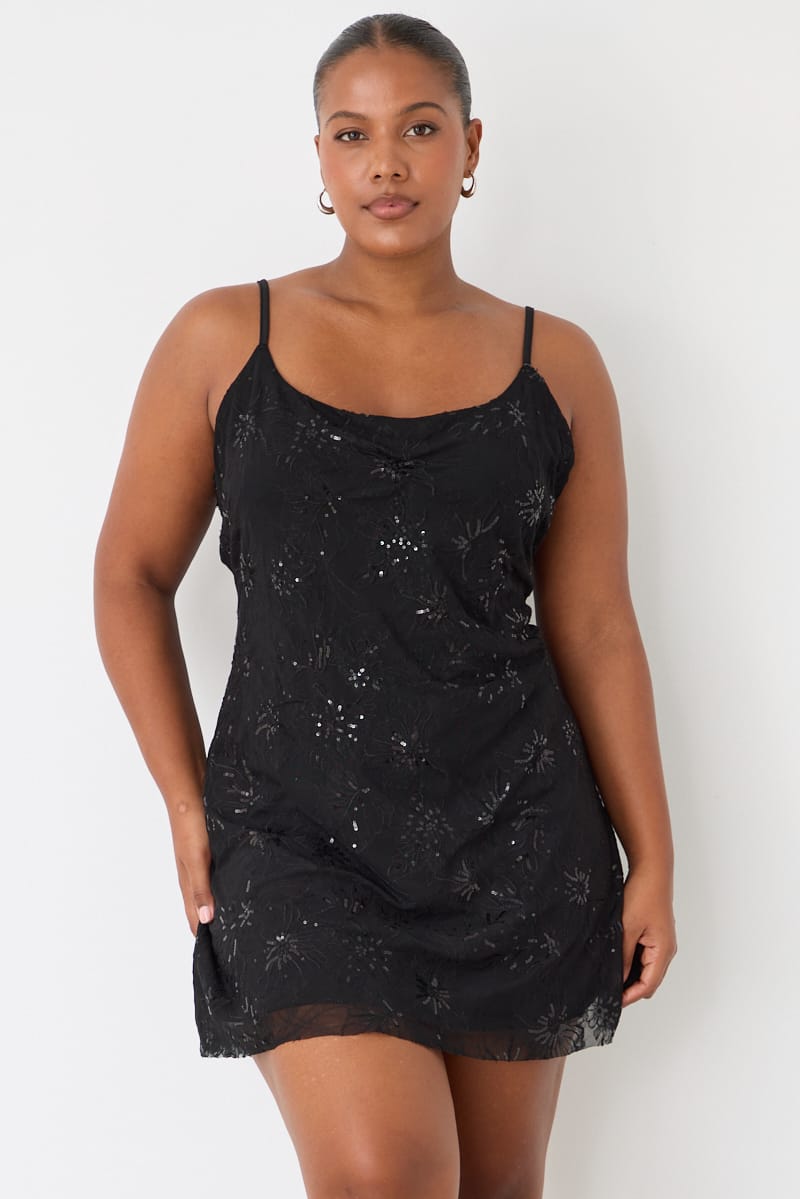 Black Sequin Mesh Mini Dress Sleeveless for YouandAll Fashion
