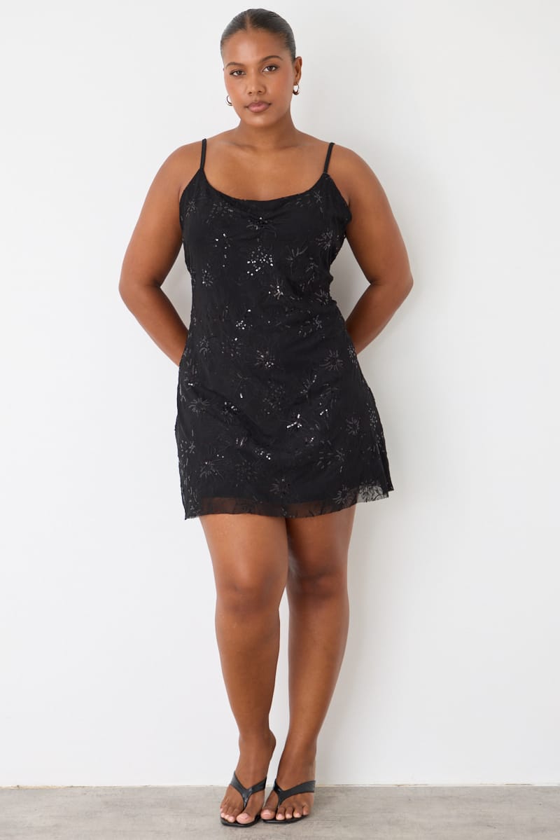 Black Sequin Mesh Mini Dress Sleeveless for YouandAll Fashion