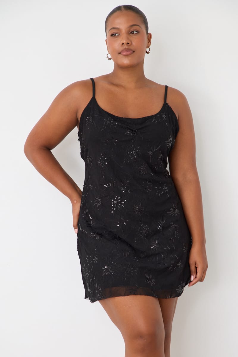 Black Sequin Mesh Mini Dress Sleeveless for YouandAll Fashion