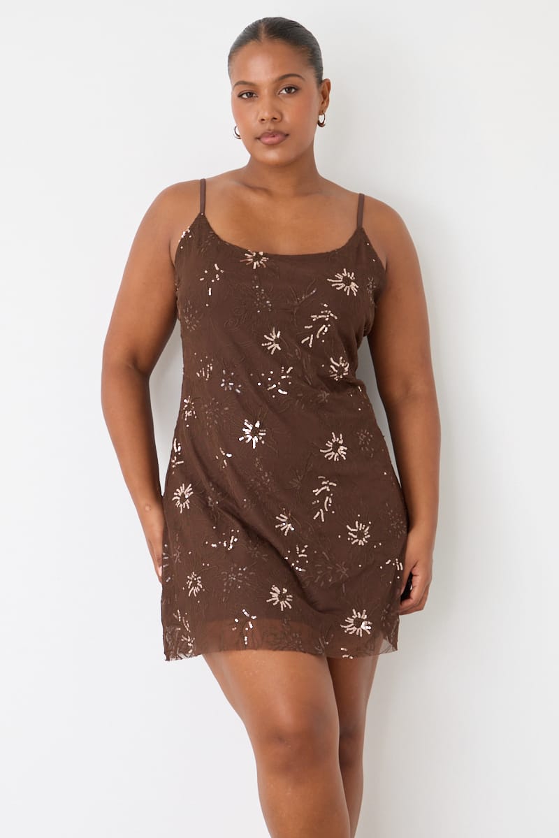 Brown Sequin Mesh Mini Dress Sleeveless for YouandAll Fashion