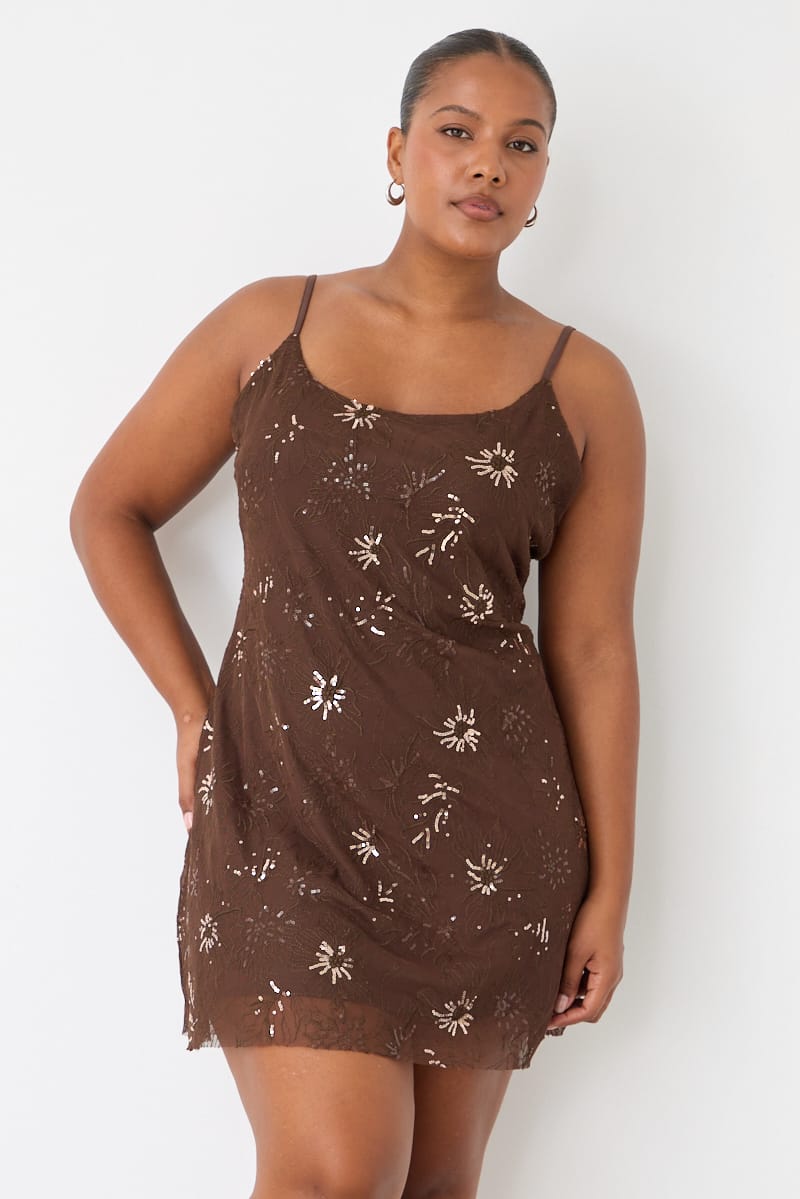 Brown Sequin Mesh Mini Dress Sleeveless for YouandAll Fashion