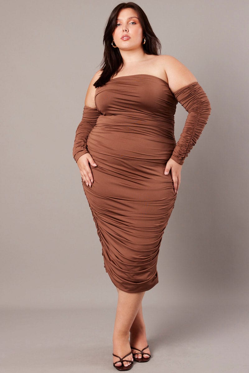 Brown Ruched Jersey Midi Dress for YouandAll Fashion