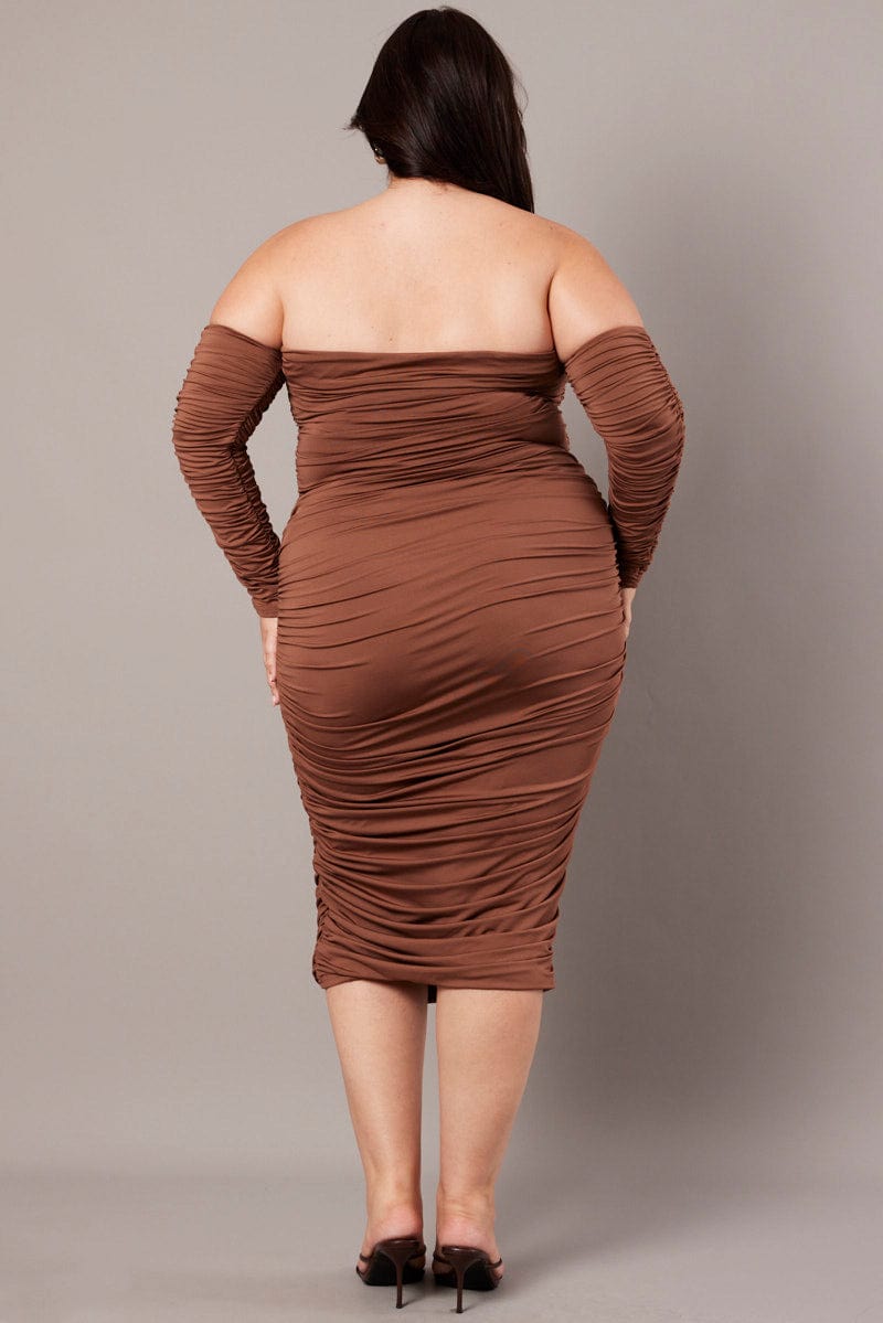 Brown Ruched Jersey Midi Dress for YouandAll Fashion