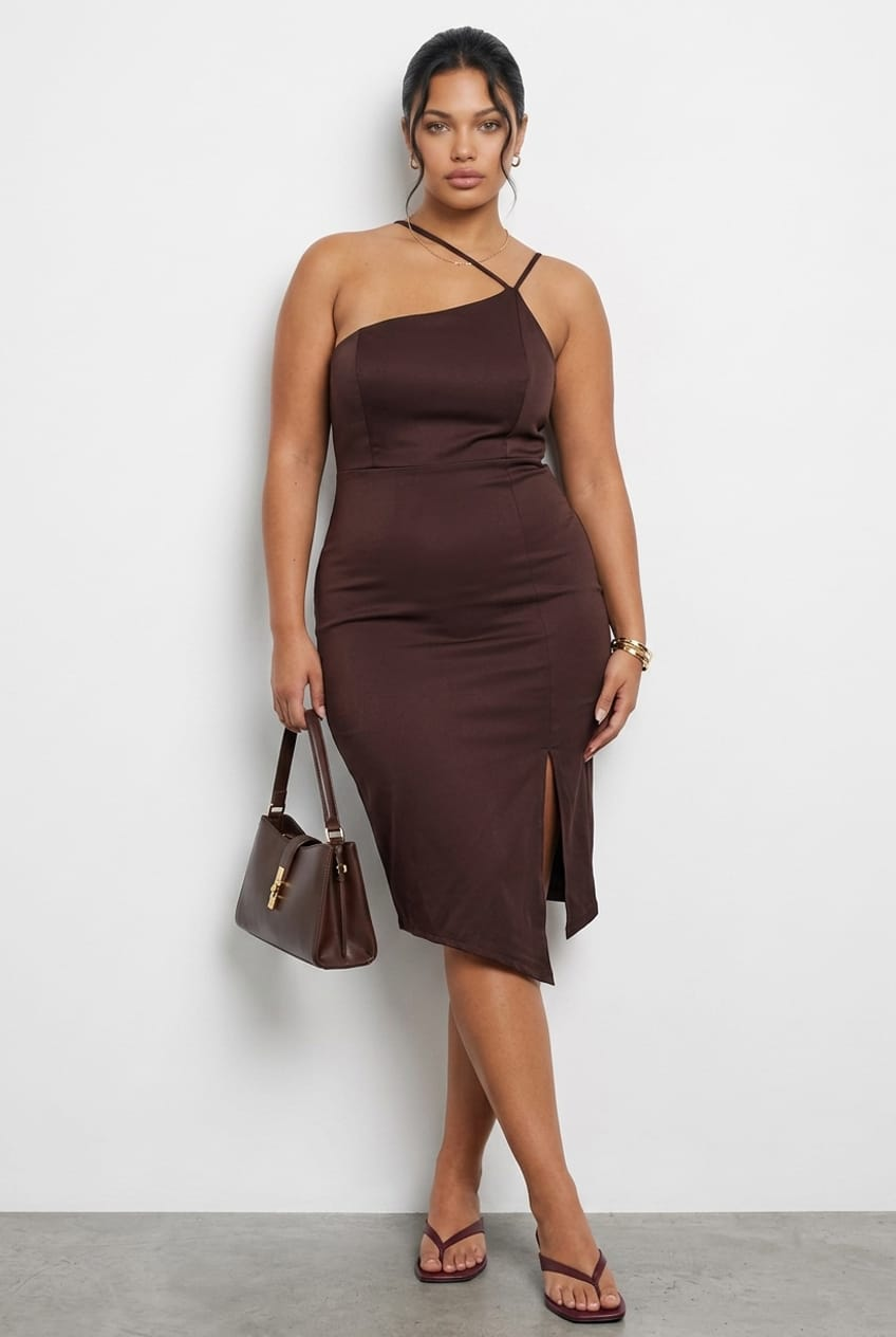 Brown Bodycon Dress One Shoulder Jersey for YouandAll Fashion