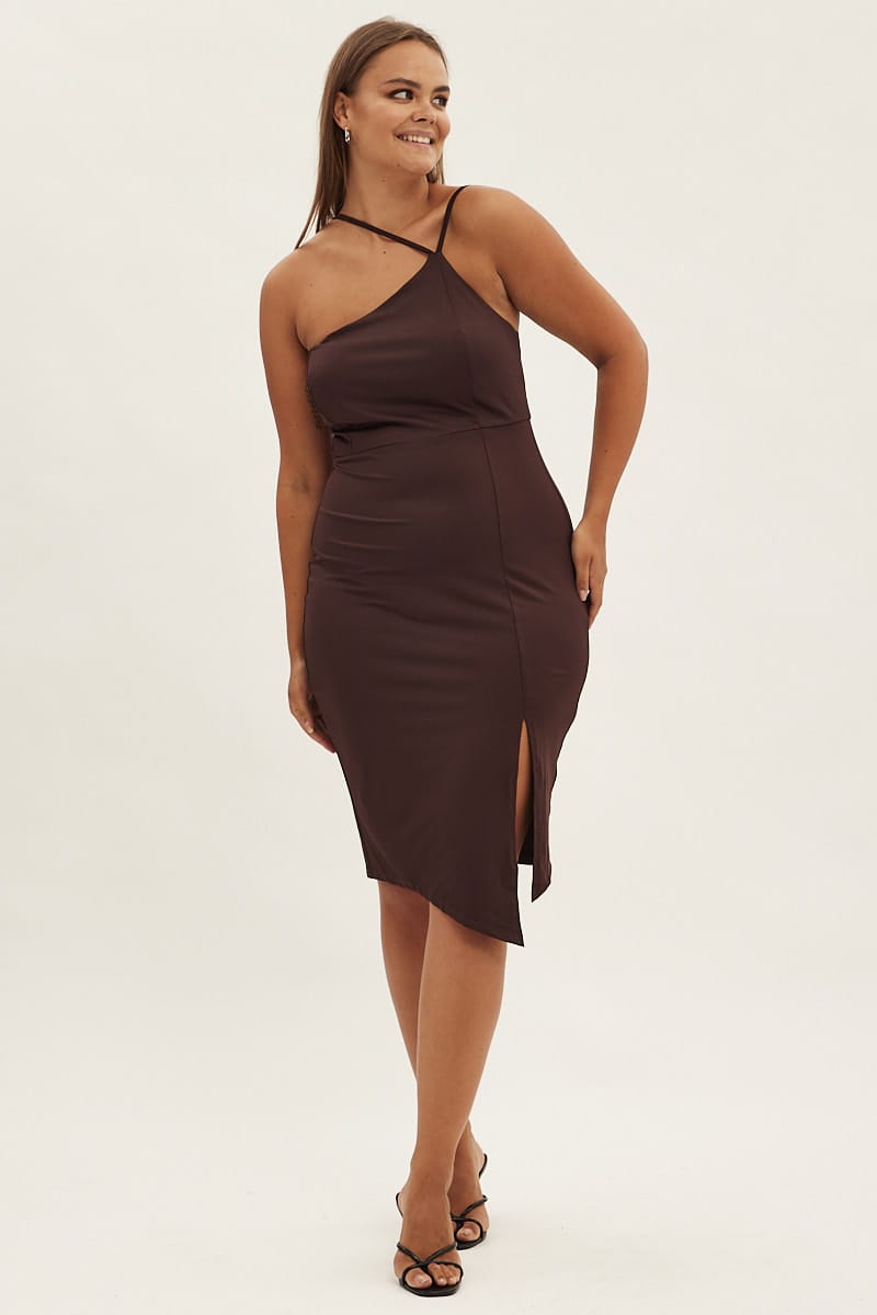 Brown Bodycon Dress One Shoulder Jersey for YouandAll Fashion