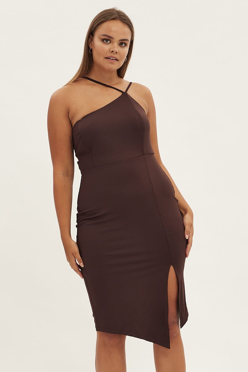 Brown Bodycon Dress One Shoulder Jersey for YouandAll Fashion
