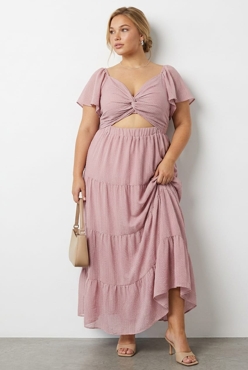 Pink Maxi Dress Short Sleeve Cut Out for YouandAll Fashion
