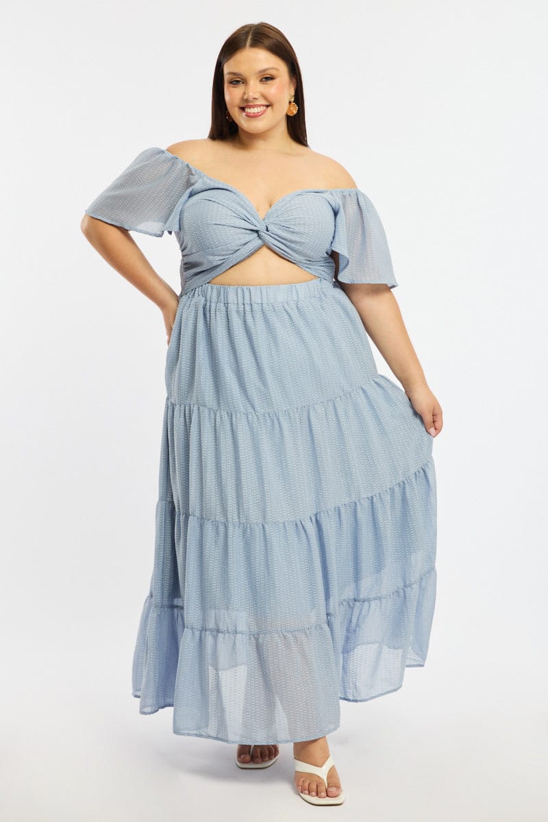Blue Maxi Dress Short Sleeve Cut Out for YouandAll Fashion