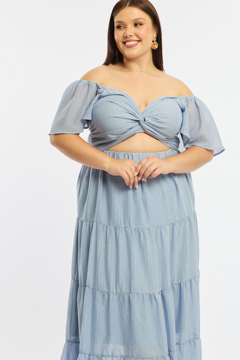 Blue Maxi Dress Short Sleeve Cut Out for YouandAll Fashion