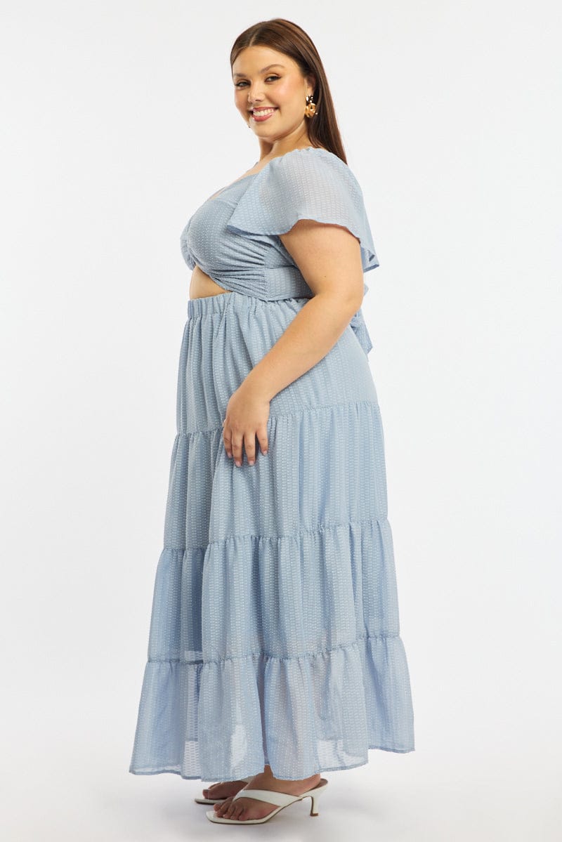 Blue Maxi Dress Short Sleeve Cut Out for YouandAll Fashion