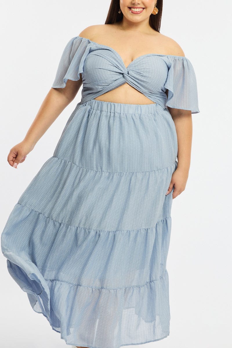 Blue Maxi Dress Short Sleeve Cut Out for YouandAll Fashion
