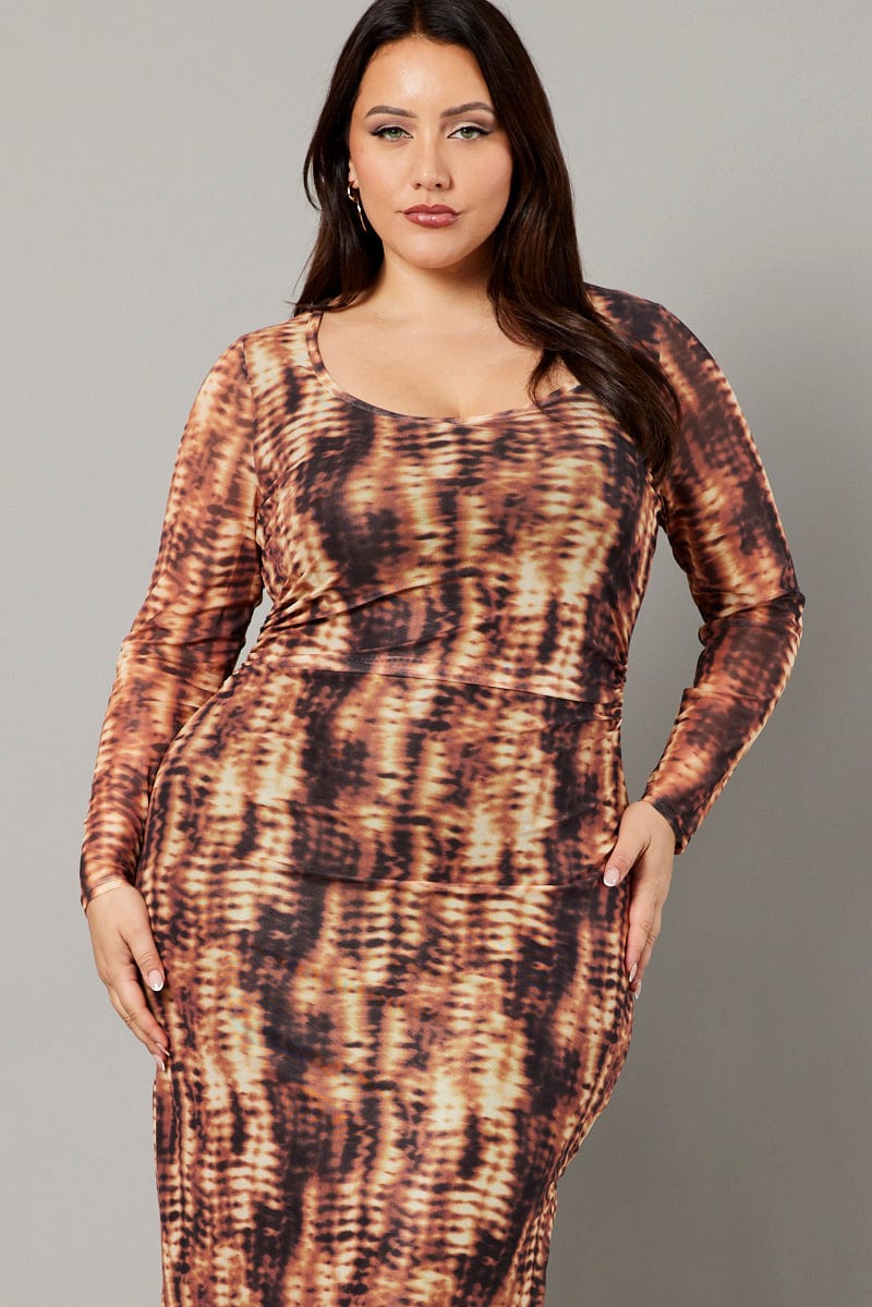 Brown Abstract Long Sleeve Mesh Tie Dye Midi Dress | You & All Brown Abstract Long Sleeve Mesh Tie Dye Midi Dress | You & All
