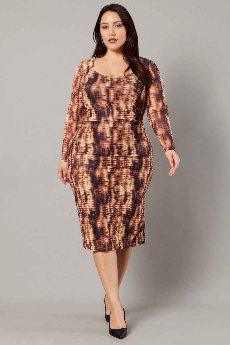 Brown Abstract Long Sleeve Mesh Tie Dye Midi Dress for YouandAll Fashion