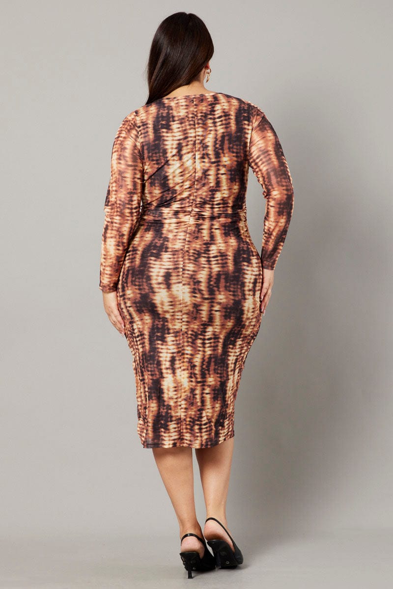 Brown Abstract Long Sleeve Mesh Tie Dye Midi Dress | You & All Brown Abstract Long Sleeve Mesh Tie Dye Midi Dress | You & All