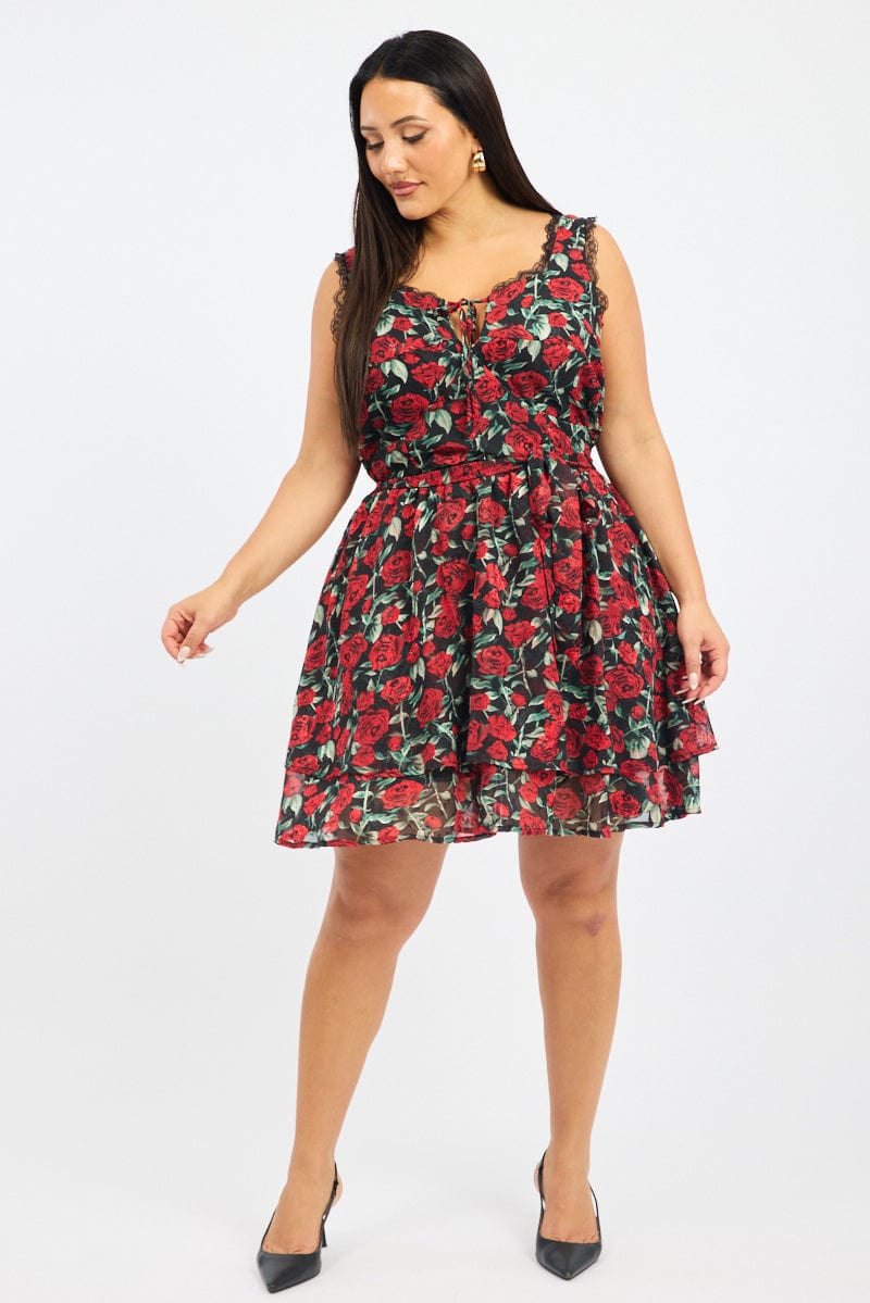 Black Floral Rose Print Lace Trim Minidress for YouandAll Fashion