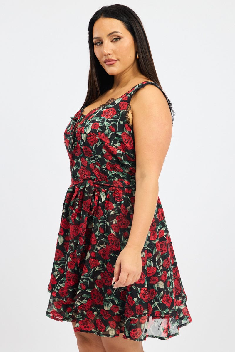 Black Floral Rose Print Lace Trim Minidress for YouandAll Fashion