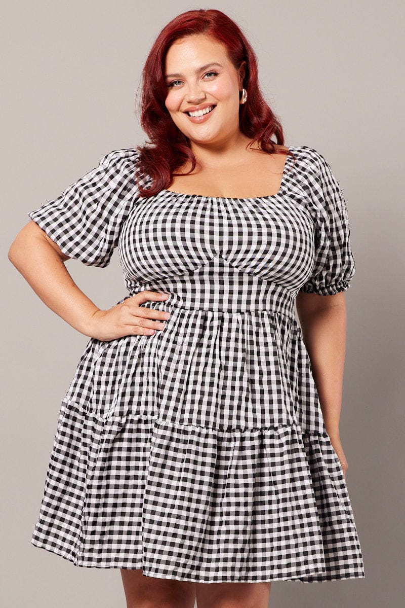 Black Check Gingham Sweetheart Mini Dress for YouandAll Fashion