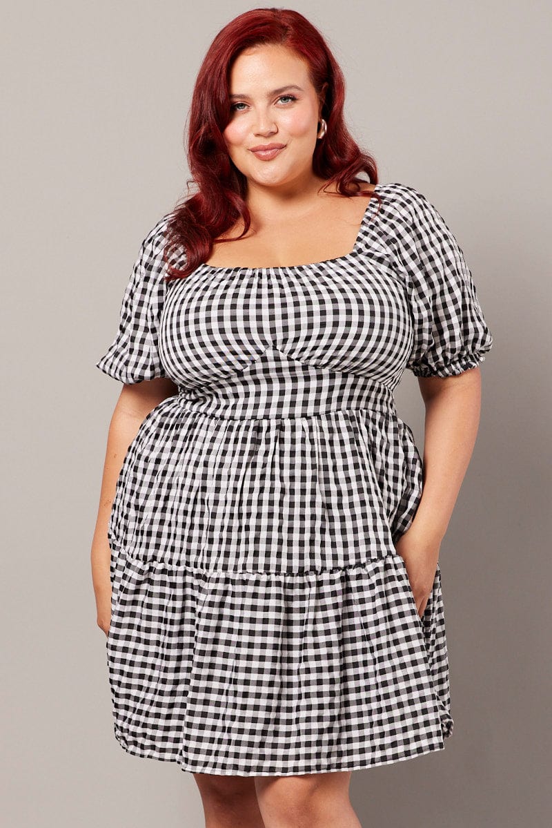 Black Check Gingham Sweetheart Mini Dress for YouandAll Fashion