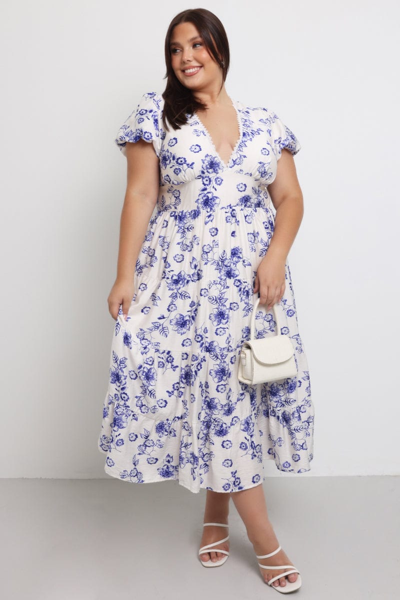 Blue Floral Maxi Dress Short Sleeve V Neck Tiered