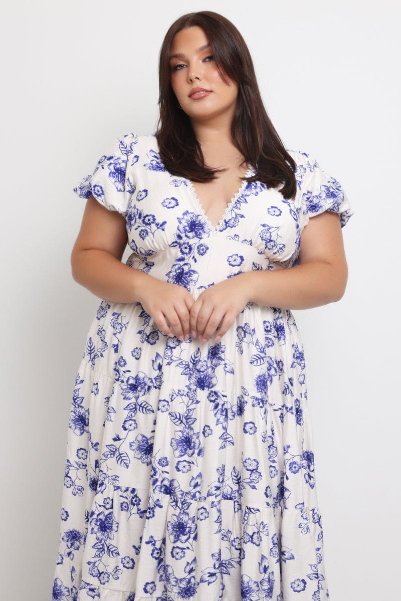 Blue Floral Maxi Dress Short Sleeve V Neck Tiered