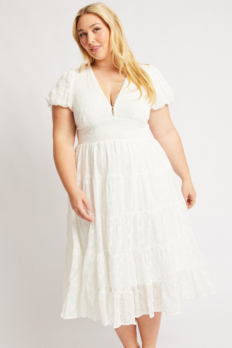 White Midi Dress Short Sleeve Tiered for YouandAll Fashion