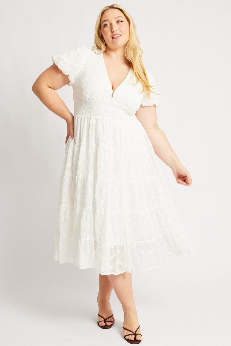 White Midi Dress Short Sleeve Tiered for YouandAll Fashion