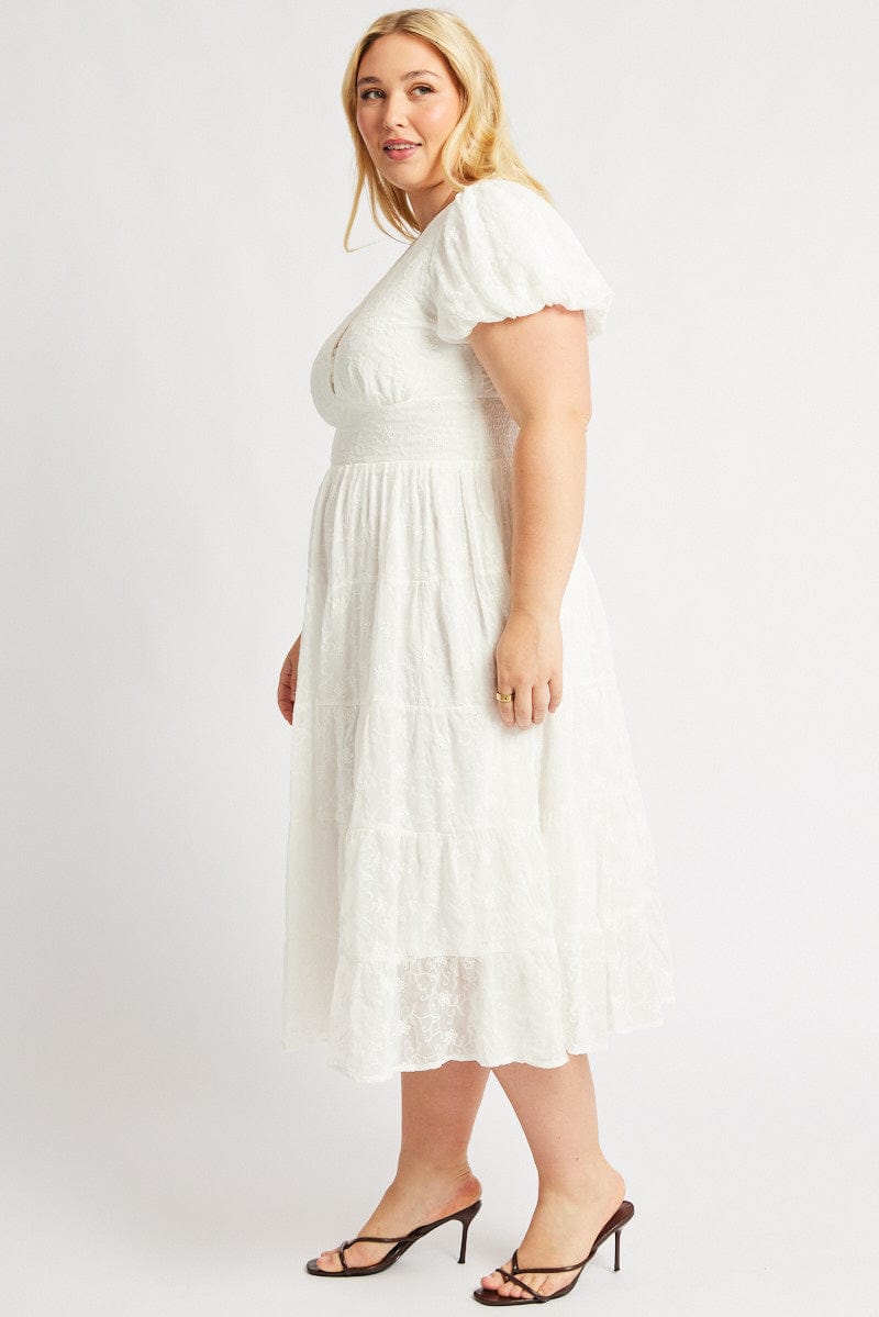 White Midi Dress Short Sleeve Tiered for YouandAll Fashion