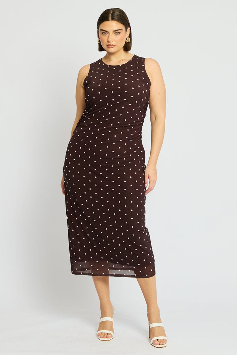 Brown Polka Dot Bodycon Dress Sleeveless Mesh